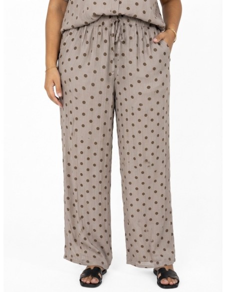 PANTALON FLUIDE TAUPE À POIS MARRON - FEMME