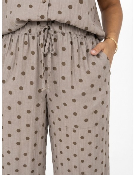 PANTALON FLUIDE TAUPE À POIS MARRON - FEMME