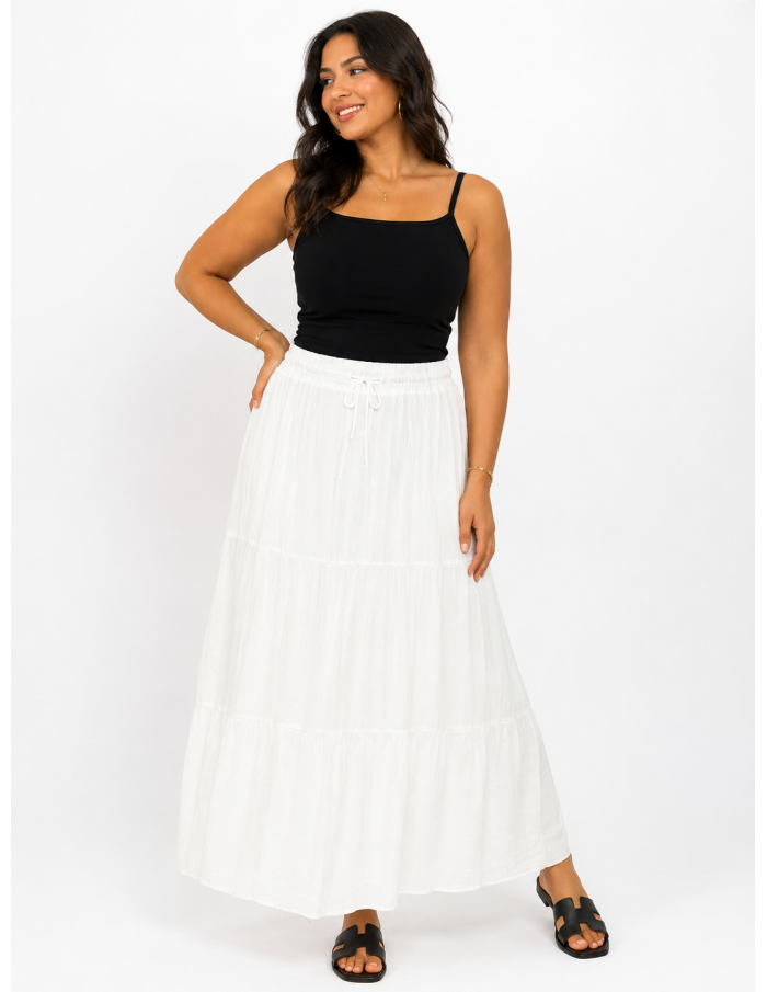JUPE LONGUE BLANCHE ÉTAGÉE EN COTON – FEMME