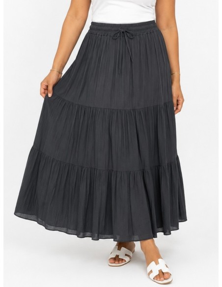 JUPE LONGUE BLEU MARINE ÉTAGÉE EN COTON – FEMME