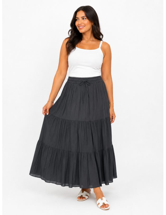 JUPE LONGUE BLEU MARINE ÉTAGÉE EN COTON – FEMME