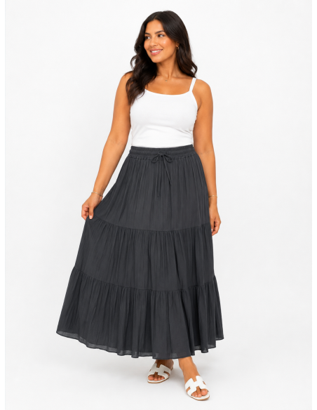 JUPE LONGUE BLEU MARINE ÉTAGÉE EN COTON – FEMME