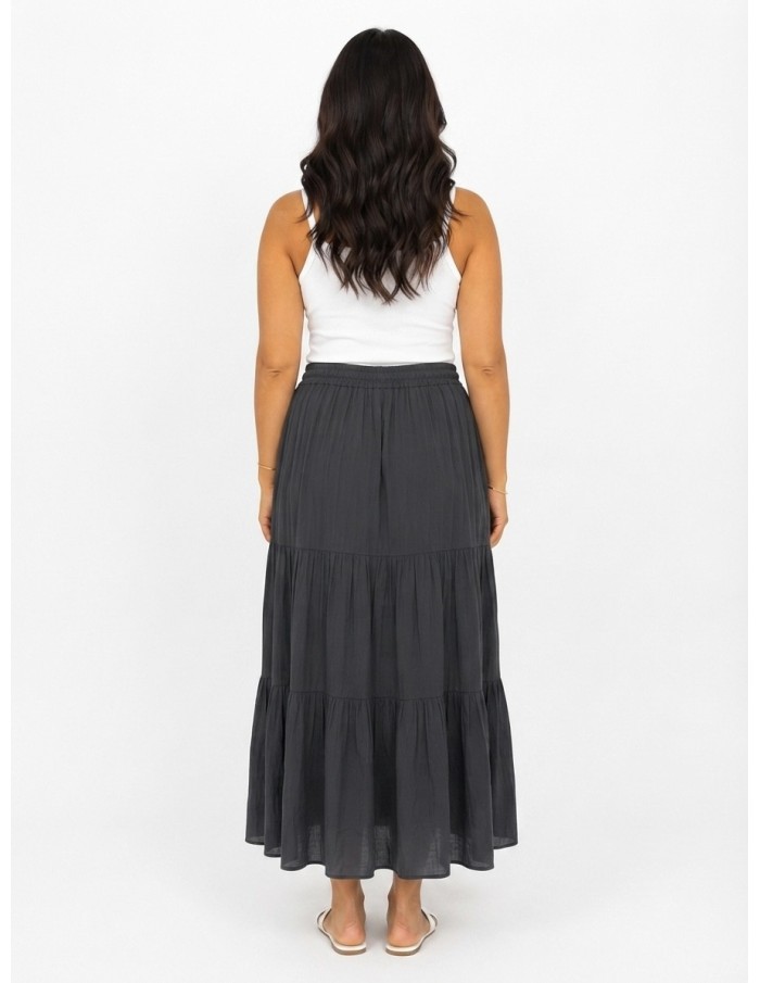 JUPE LONGUE BLEU MARINE ÉTAGÉE EN COTON – FEMME