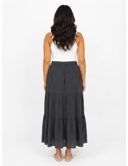 JUPE LONGUE BLEU MARINE ÉTAGÉE EN COTON – FEMME