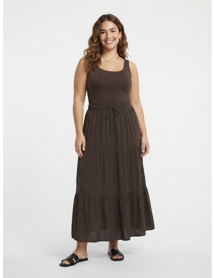 JUPE LONGUE CHOCOLAT ÉTAGÉE EN COTON – FEMME