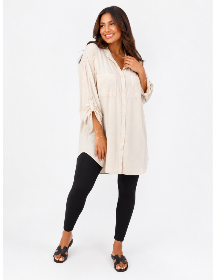CHEMISE TUNIQUE BEIGE À POCHES PLAQUÉES - FEMME