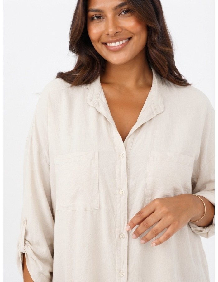 CHEMISE TUNIQUE BEIGE À POCHES PLAQUÉES - FEMME