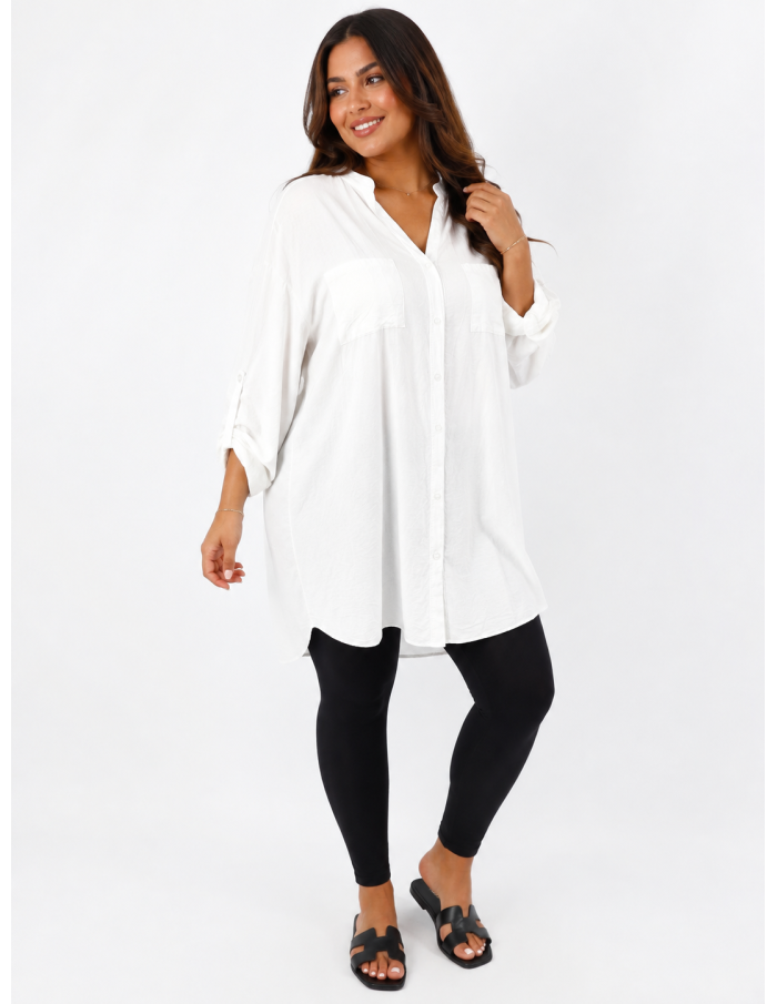 CHEMISE TUNIQUE BLANCHE À POCHES PLAQUÉES - FEMME