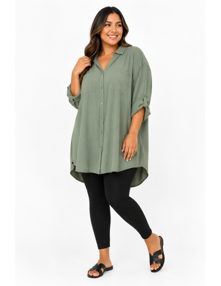 CHEMISE TUNIQUE KAKI À POCHES PLAQUÉES - FEMME