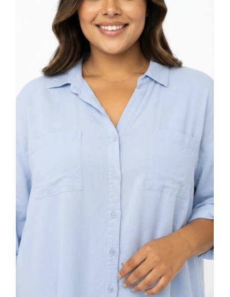 CHEMISE TUNIQUE BLEU CIEL À POCHES PLAQUÉES - FEMME