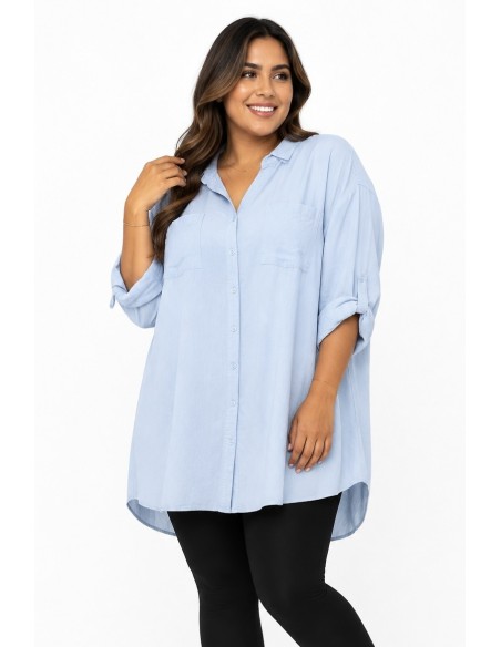 CHEMISE TUNIQUE BLEU CIEL À POCHES PLAQUÉES - FEMME