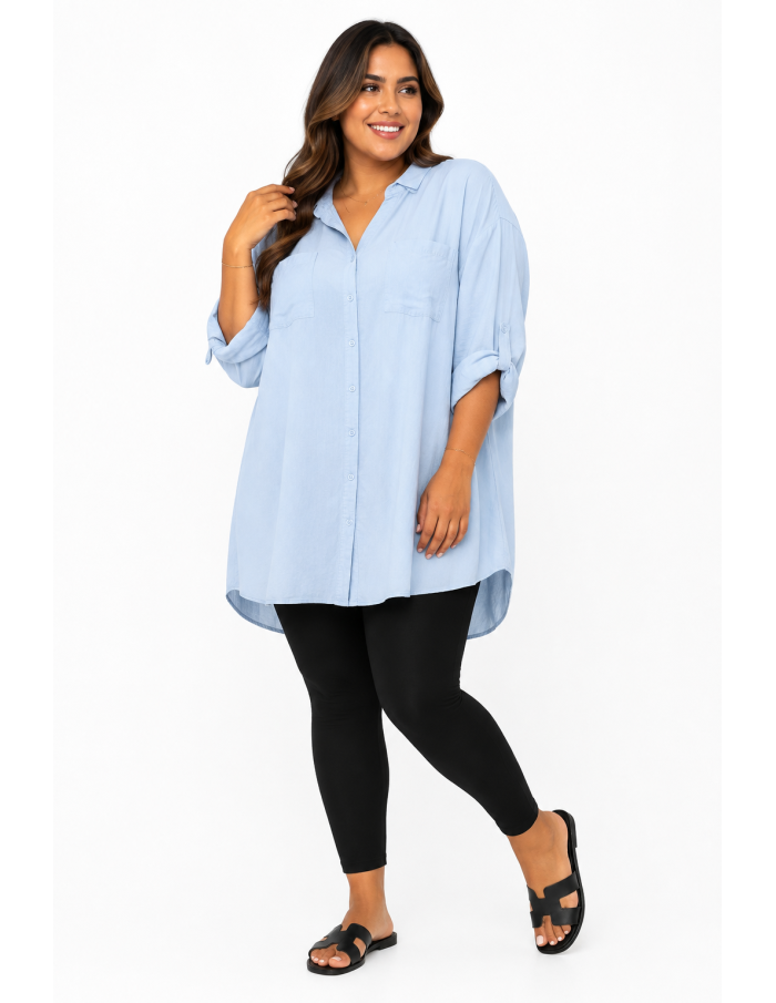 CHEMISE TUNIQUE BLEU CIEL À POCHES PLAQUÉES - FEMME