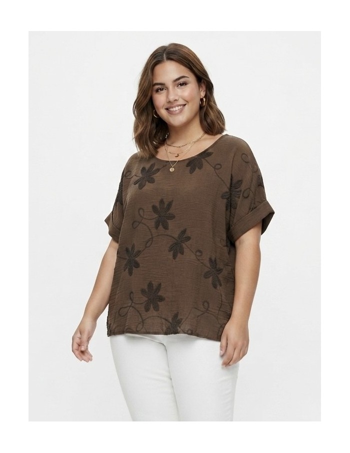 TOP BRODÉ MARRON À MOTIFS FLORAUX - FEMME