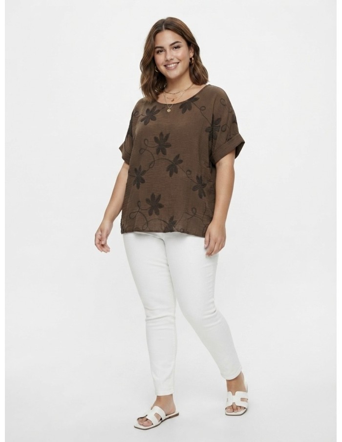 TOP BRODÉ MARRON À MOTIFS FLORAUX - FEMME