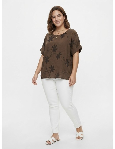 TOP BRODÉ MARRON À MOTIFS FLORAUX - FEMME