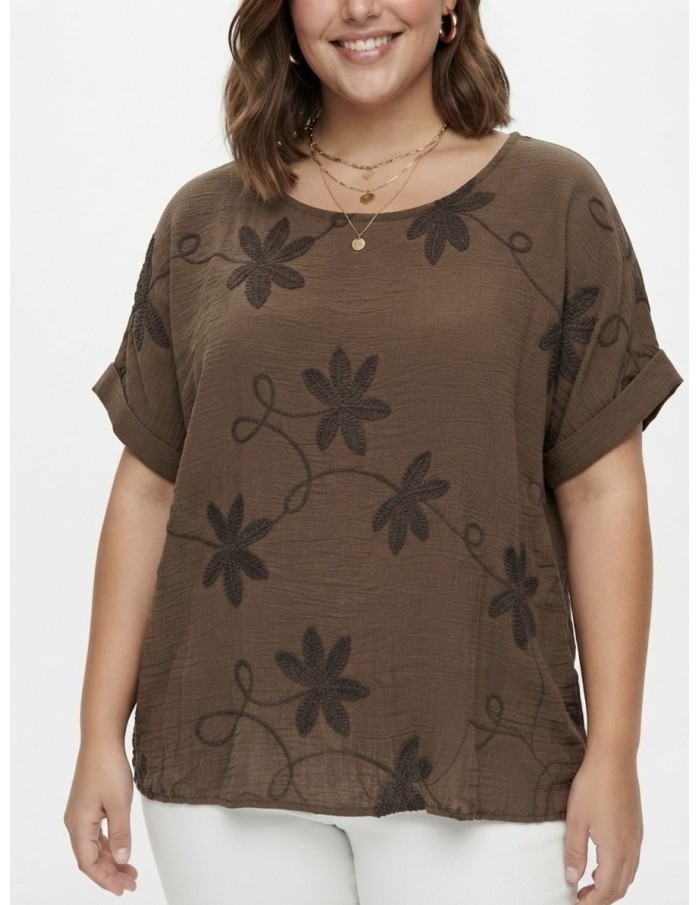 TOP BRODÉ MARRON À MOTIFS FLORAUX - FEMME