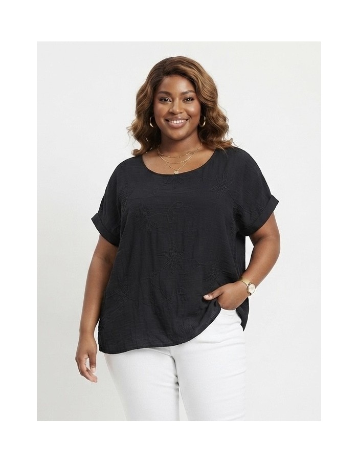TOP BRODÉ NOIR À MOTIFS FLORAUX - FEMME
