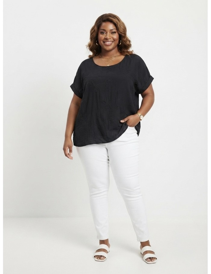 TOP BRODÉ NOIR À MOTIFS FLORAUX - FEMME
