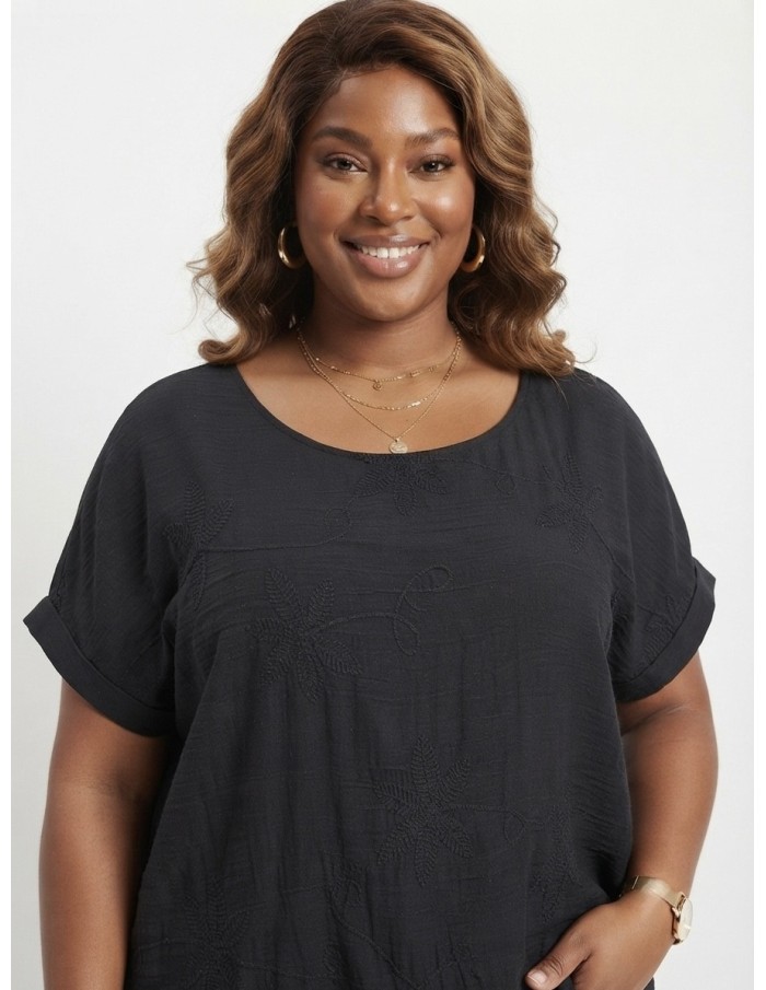 TOP BRODÉ NOIR À MOTIFS FLORAUX - FEMME