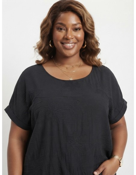 TOP BRODÉ NOIR À MOTIFS FLORAUX - FEMME