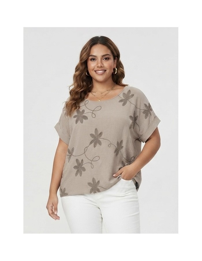 TOP BRODÉ TAUPE À MOTIFS FLORAUX - FEMME
