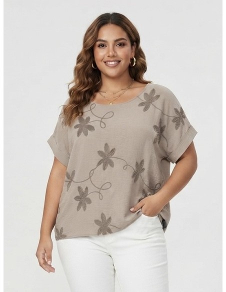 TOP BRODÉ TAUPE À MOTIFS FLORAUX - FEMME