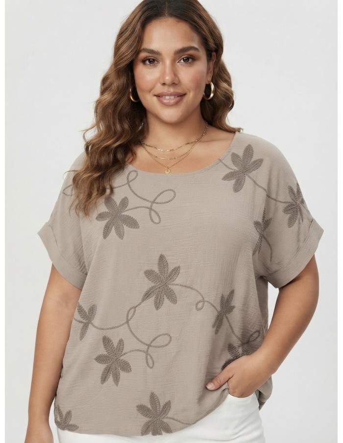 TOP BRODÉ TAUPE À MOTIFS FLORAUX - FEMME
