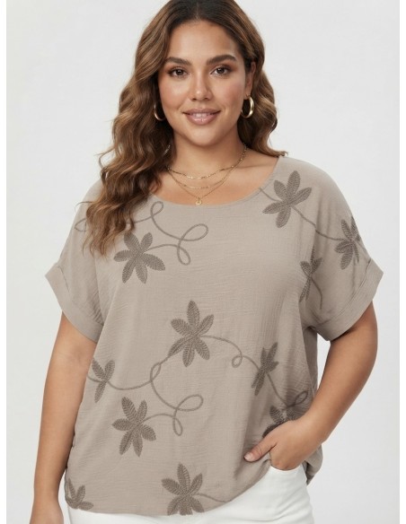 TOP BRODÉ TAUPE À MOTIFS FLORAUX - FEMME