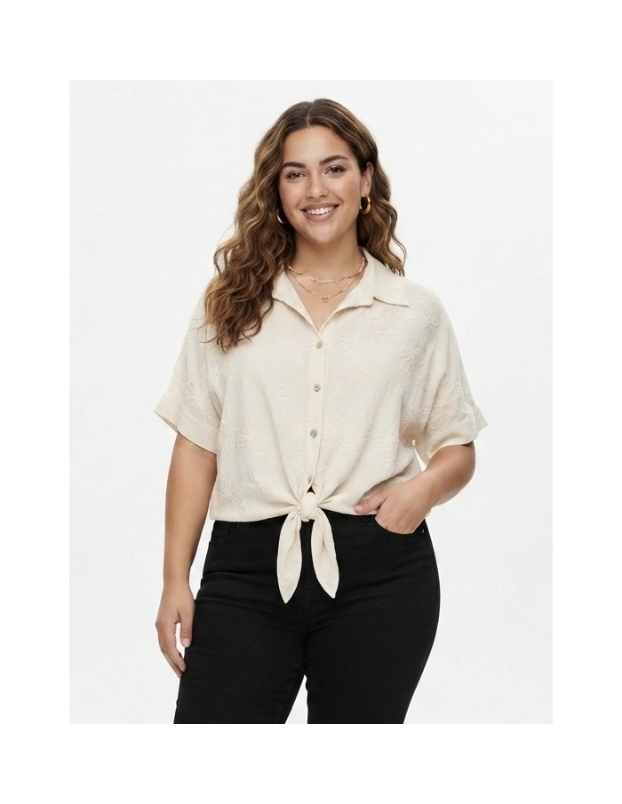 CHEMISE NOUÉE BEIGE À BRODERIES - FEMME