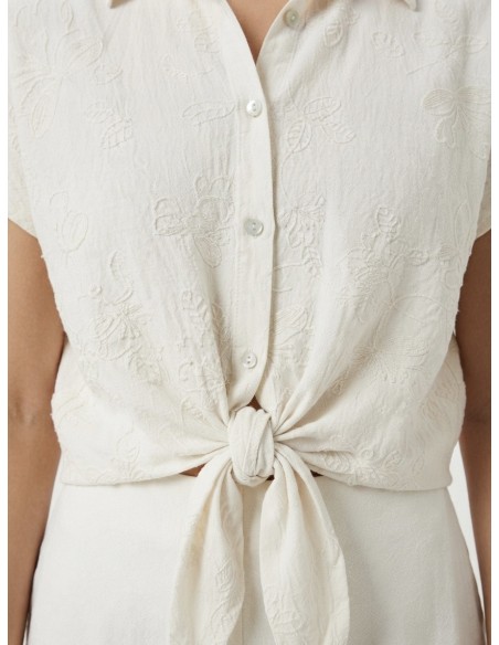 CHEMISE NOUÉE BEIGE À BRODERIES - FEMME