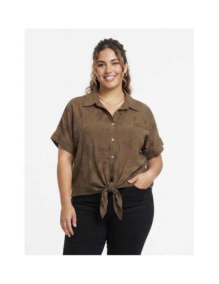 CHEMISE NOUÉE CHOCOLAT À BRODERIES - FEMME