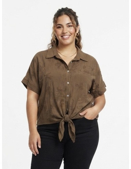CHEMISE NOUÉE CHOCOLAT À BRODERIES - FEMME