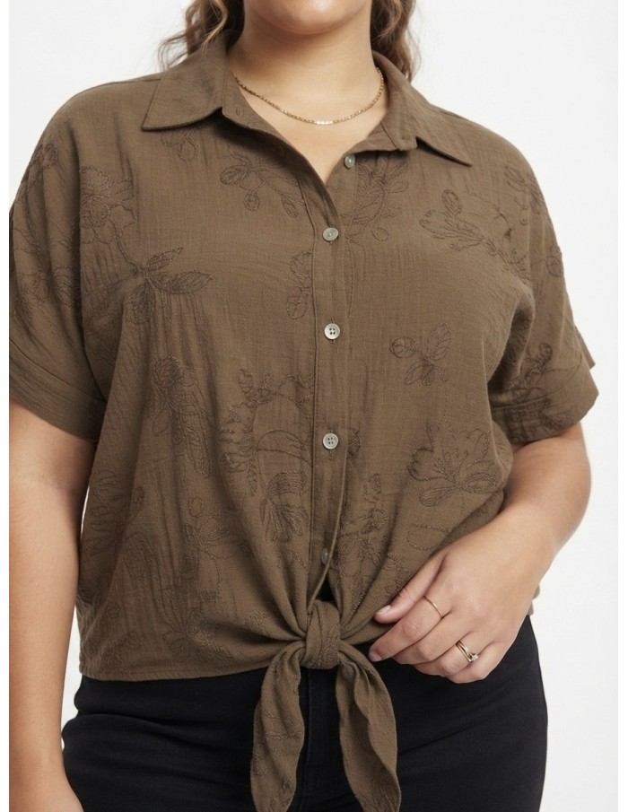 CHEMISE NOUÉE CHOCOLAT À BRODERIES - FEMME