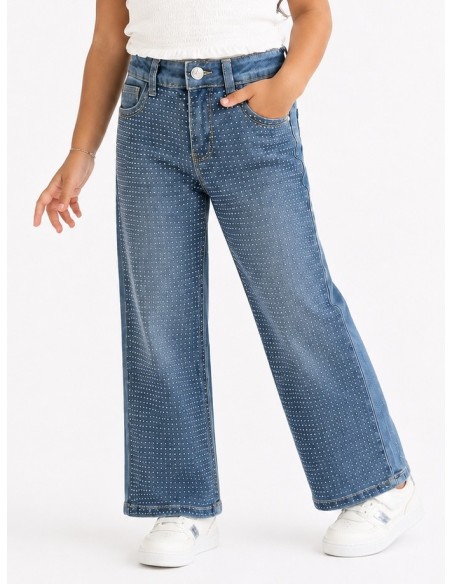 Jean wide leg à strass pour fille, coupe évasée taille haute, vue de face