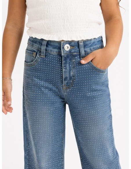 Détail de la taille haute et du bouton du jean wide leg à strass pour fille