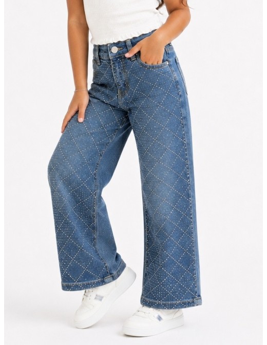 Jean fille strass large coupe wide leg, vue de face