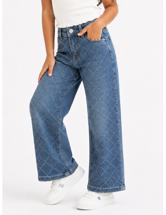 Jean fille strass large coupe wide leg, vue de face