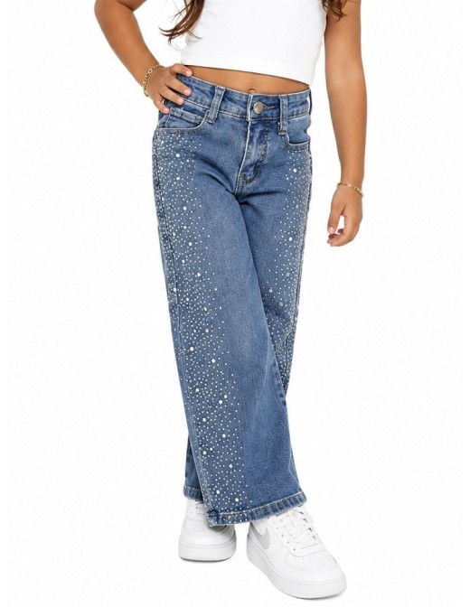 Jean fille strass large coupe wide leg, vue de face