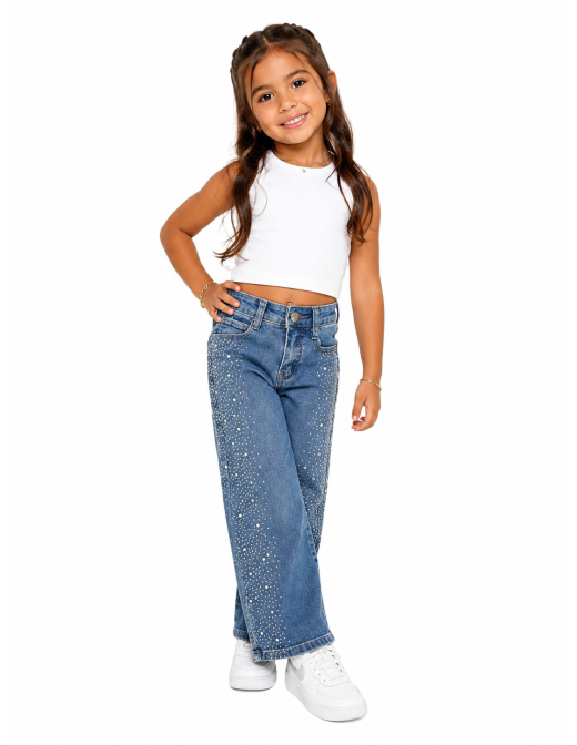 Jean fille strass large coupe wide leg, vue de face 2