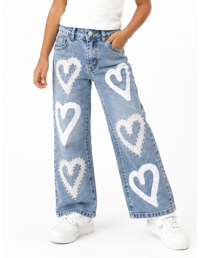 Jean fille cœurs strass large coupe wide leg, vue de face