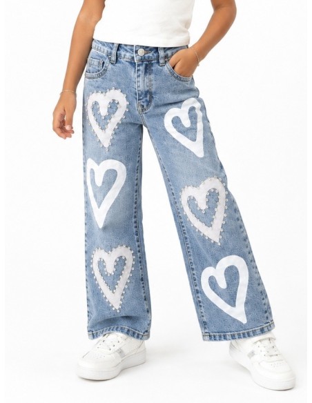 Jean fille cœurs strass large coupe wide leg, vue de face
