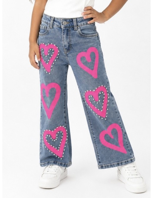 Jean fille cœurs strass large coupe wide leg, vue de face