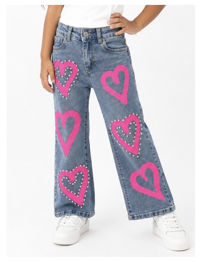 Jean fille cœurs strass large coupe wide leg, vue de face