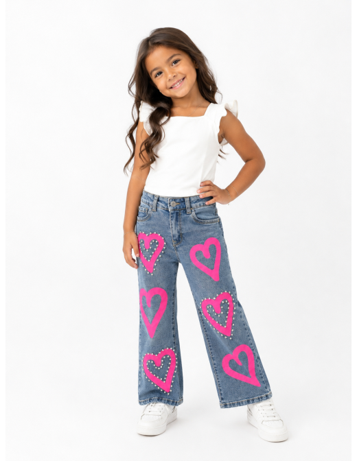 Jean fille cœurs strass large coupe wide leg, vue de face 2