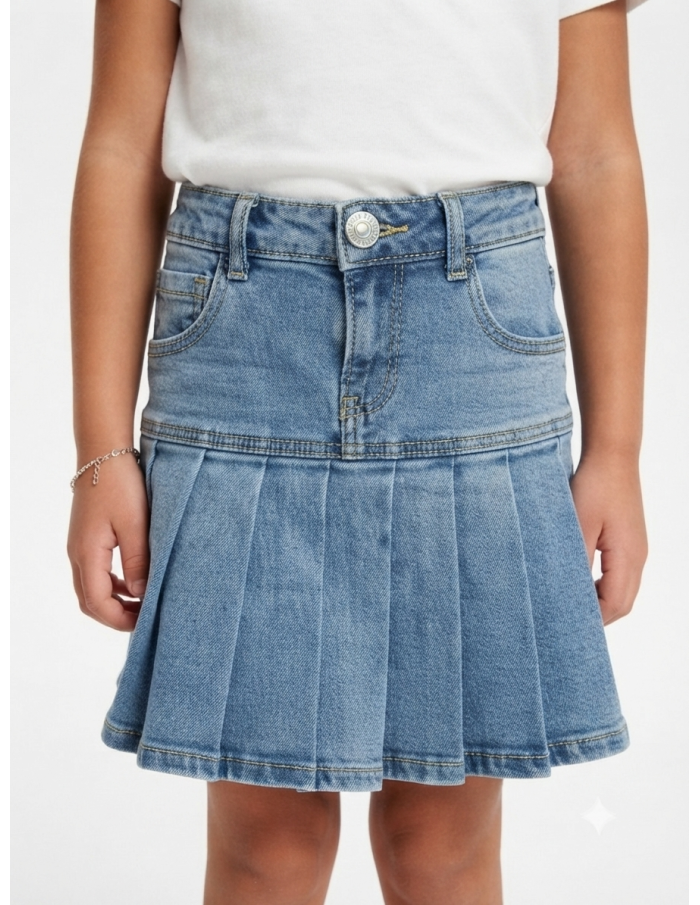 Jupe fille jean plissée - détail taille et poches