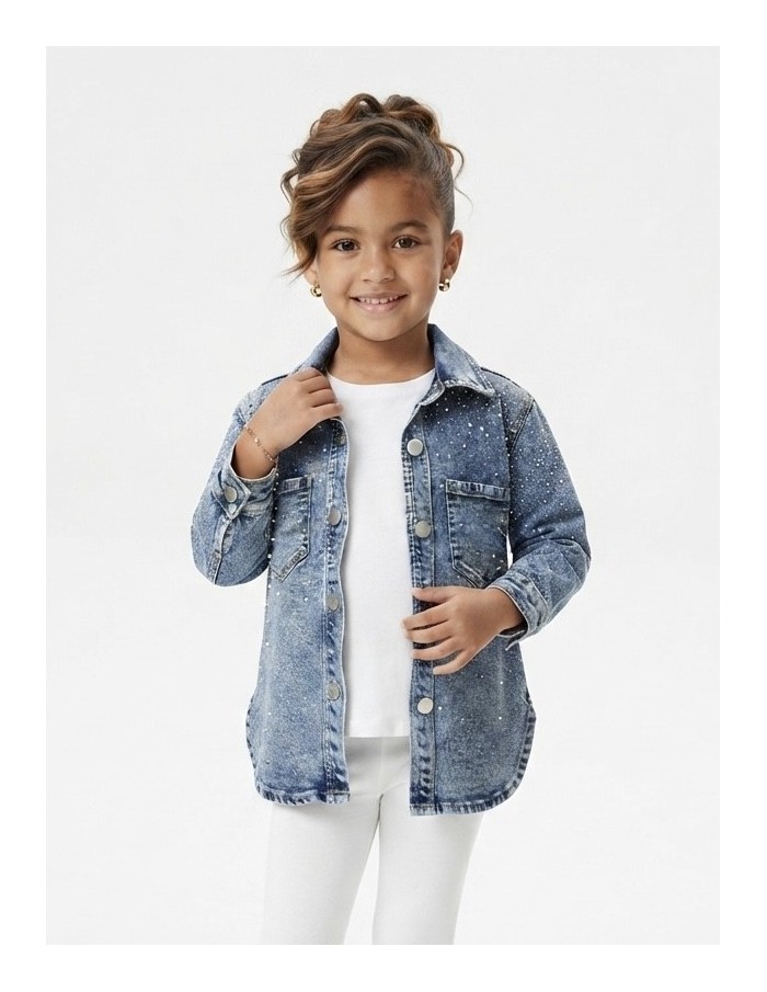 Veste en jean délavé à strass pour fille - vue de face