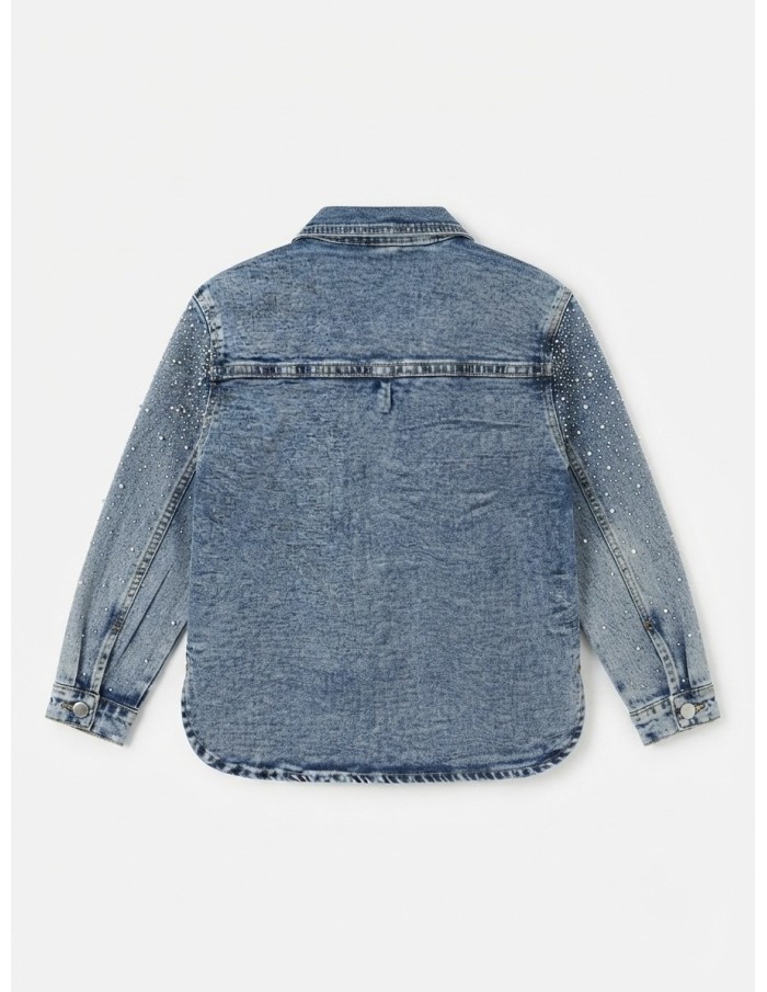 Veste en jean délavé à strass pour fille - vue de dos - Blouson denim enfant