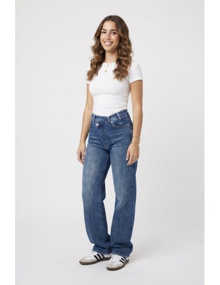 Jean wide leg croisé taille haute - jean asymétrique femme de face