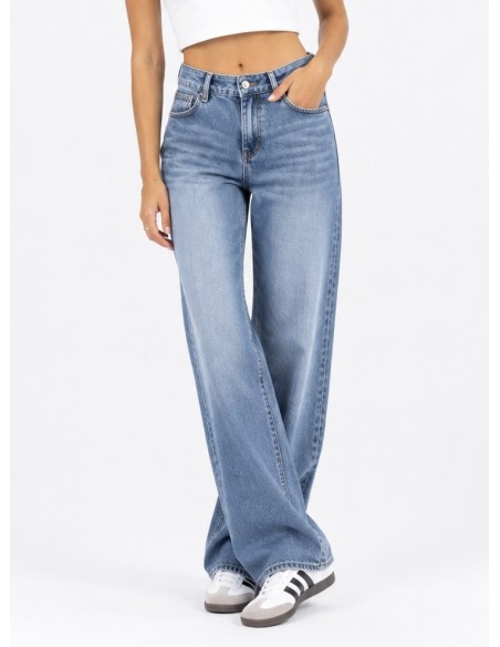 Jean femme wide leg bleu taille haute vue de face