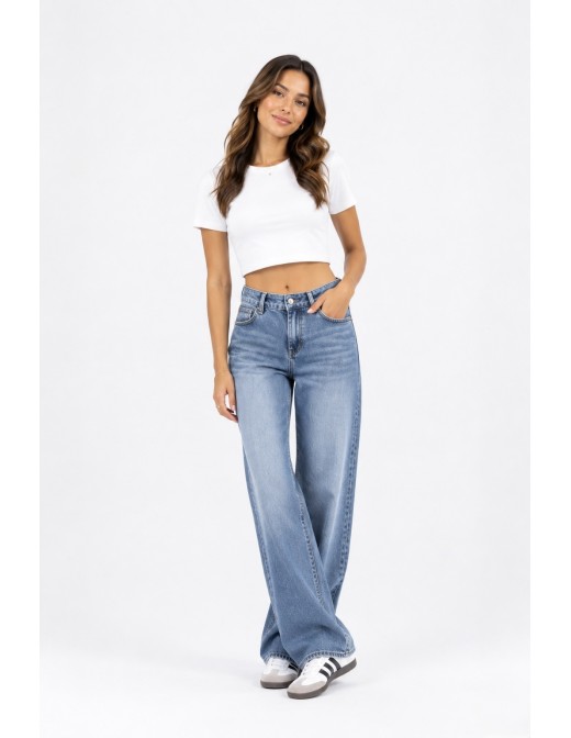 Jean femme wide leg bleu taille haute vue de face 2